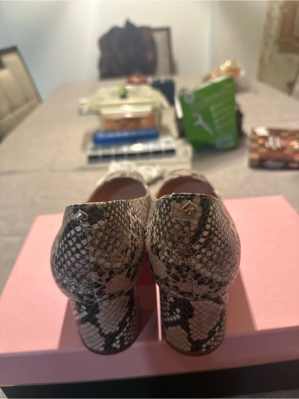 Snake-Skin Block Heel Pumps in Black and Gray